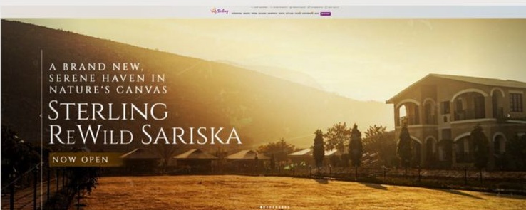 Sterling ReWild Sariska website banner announcing a new resort opening