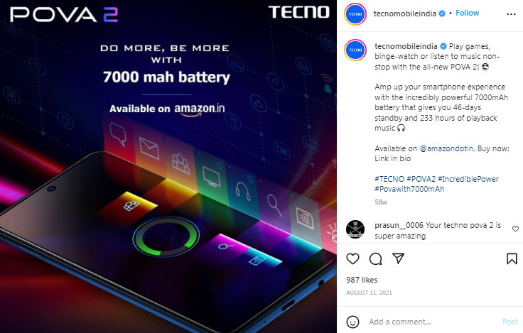 TECNO POVA 2 launch creative and its Instagram post