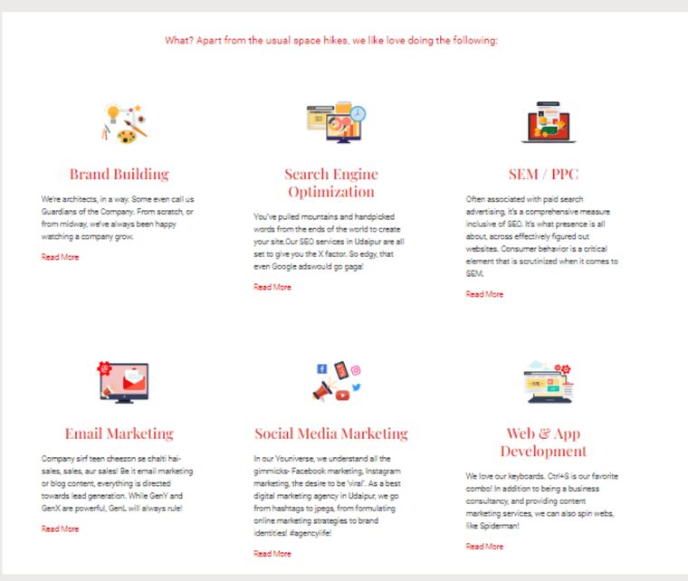 Webanix services page copy covering brand building, SEO, SEM, email and social media marketing