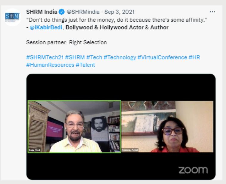 SHRM India post quoting Kabir Bedi from a SHRM Tech 2021 virtual session
