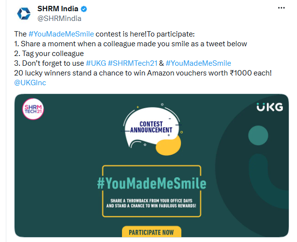 SHRM India #YouMadeMeSmile contest announcement in partnership with UKG